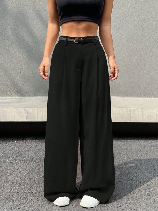 MODA ME COUTURE Pants - Black Casual Women's High-Waisted Belted Wide Leg Pants Button Pocket Zipper